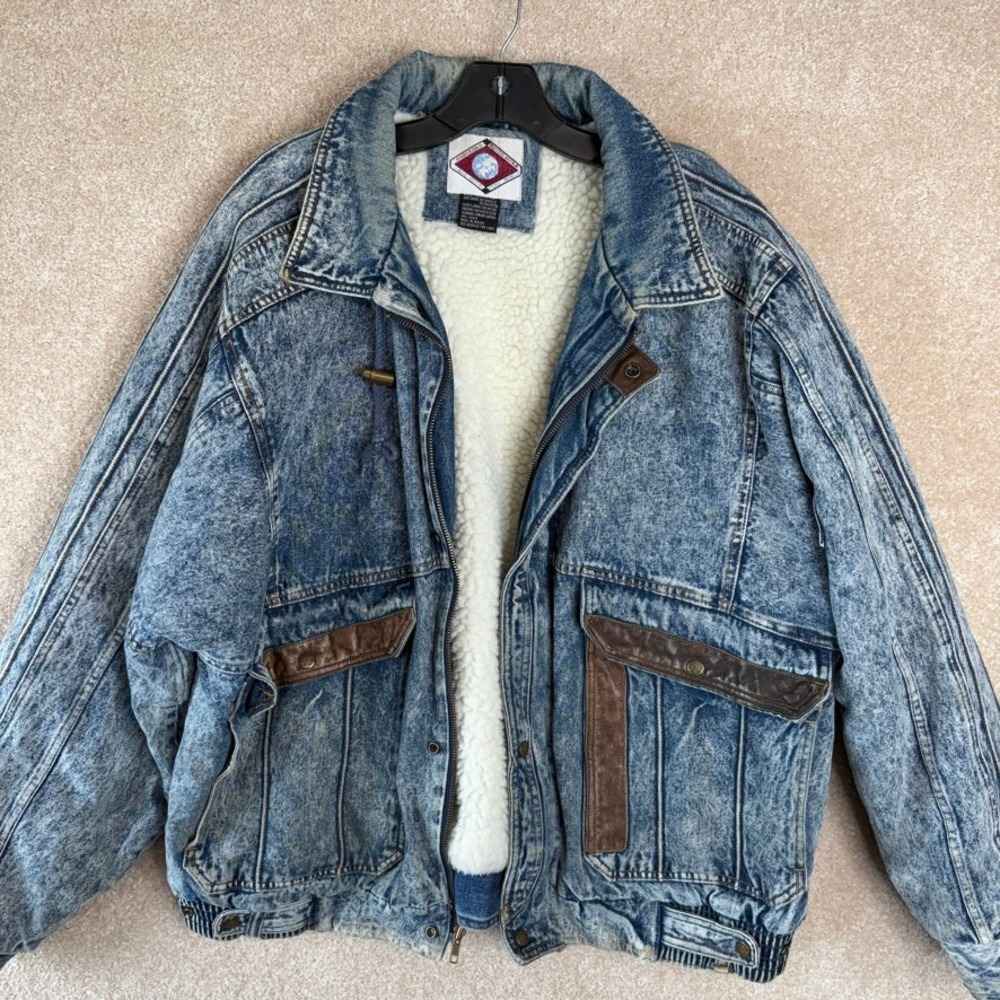 VINTAGE 80s Acid Wash Denim Bomber Jacket Mens Size XL Fleece Lined Distressed - Picture 3 of 12